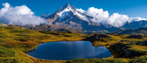 Poster -  A mountain range with a foreground lake and a snow-capped peak behind, clouded sky