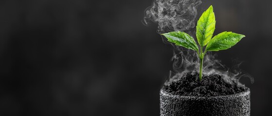 Poster -  A plant emerges from a black pot, smoke gently escaping, its lone green leaf atop