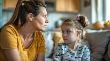 Wall Mural - A woman and a little girl are sitting on a couch