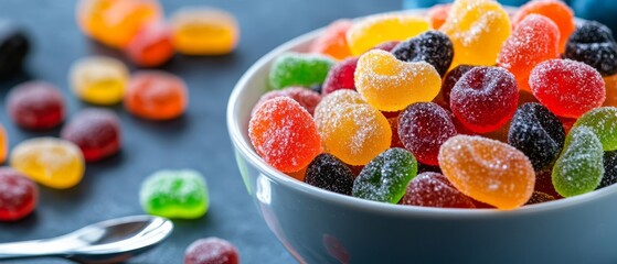 Poster -  A white bowl, brimming with gummy bears, sits next to a spoon and tongs on a table