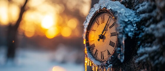  A tight shot of a tree-mounted clock amidst falling snow, with the sun sinking in the distance