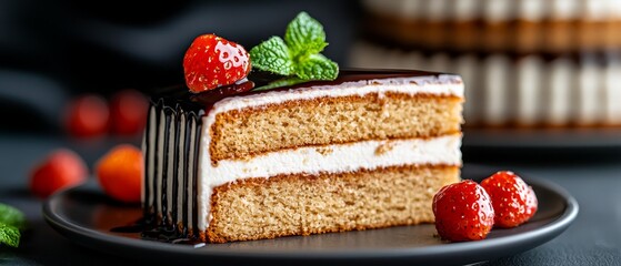 Poster -  A tight shot of a cake slice on a plate, accompanied by strawberries adjacent