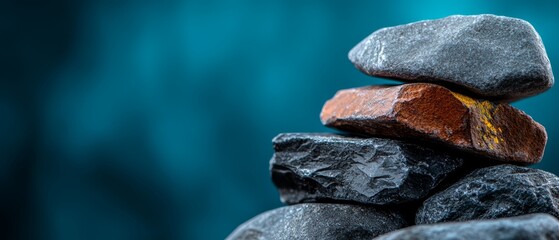 Canvas Print -  A pile of rocks adjacent to a blue surface, surrounded by water background