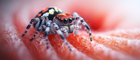  A tight shot of a spider atop a red-white bloom, its back adorned with black and yellow stripes