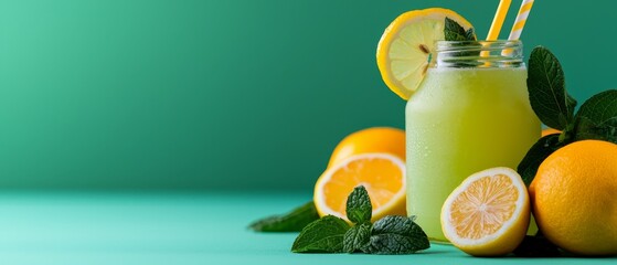 Poster -  A glass brimming with green smoothie rests beside sliced oranges and a sprinkle of mint on a blue surface