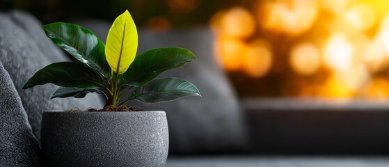  A small potted plant atop a gray couch in living room, bathed in warm yellow-orange light