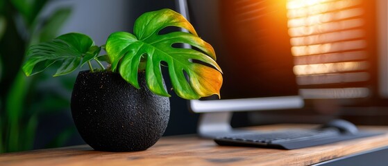 Poster -  A potted plant sits atop a desk, adjacent to a computer monitor and keyboard on a wooden surface