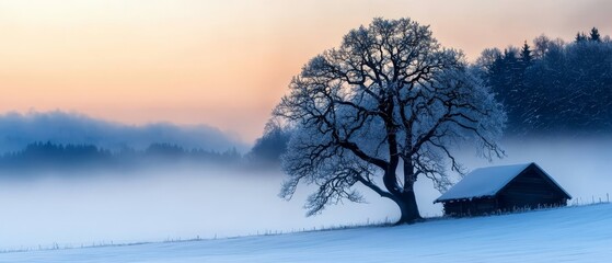 Canvas Print -  A solitary tree in the heart of a snow-covered field A cabin nestled within its midst