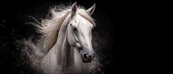 Poster -  A white horse with an extended mane stands before a black backdrop, emitting dust from its mane