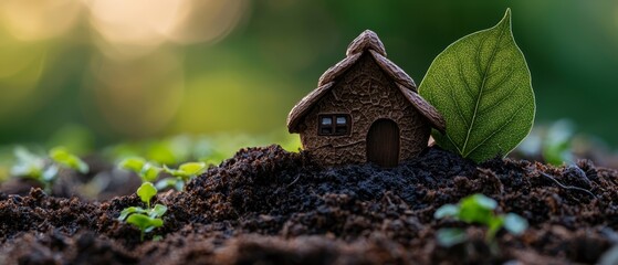 Sticker -  A tiny house atop a mound of soil, crowned by a lone green leaf