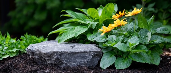 Poster -  A tight shot of a plant boasting yellow blooms nestled by a rock in a garden, surrounded by soil and mulch