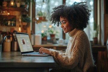 A cheerful mixed-race girl uses laptop for remote work or home leisure while sitting in the kitchen at home. Side view a nice girl with an afro hairstyle looks at screen with a, Generative AI