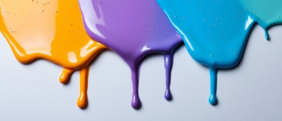 Sticker -  Three distinct colors of paint drip from above, with water drops forming at their tops, pooling beneath