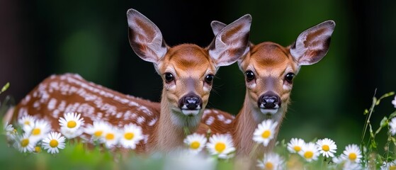  Two young deer standing next to each other in a field of daisies Background softly blurred