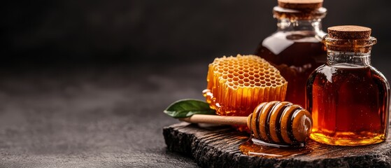 Wall Mural -  A few bottles of honey atop a wooden base, next to a beehive and honeycombs