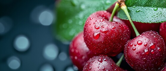  A tight shot of cherries on a branch, adorned with water droplets on each ripe cherry