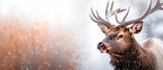 Wall Mural -  A tight shot of a deer adorned with antlers, snowfall gently behind