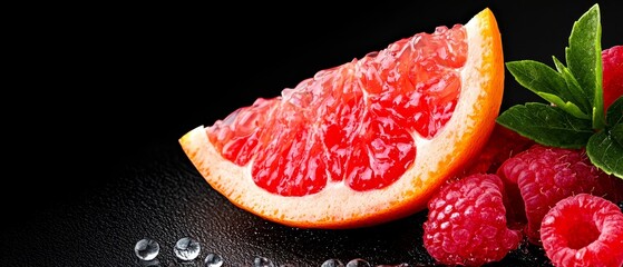 Wall Mural -  A tight shot of a grapefruit, raspberries, and mint against a black backdrop, adorned with water droplets