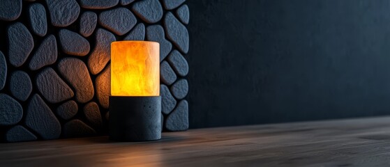 Poster -  A lamp atop a wooden table, adjacent to a wall adorned with a stone pattern