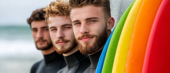 Wall Mural -  A group of men stand next to a rainbow-colored surfboard against a wall