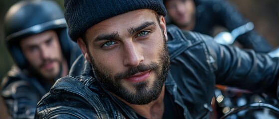 Wall Mural -  A tight shot of a man, clad in a leather jacket and donning a hat, atop a motorcycle Another man is depicted in the backdrop