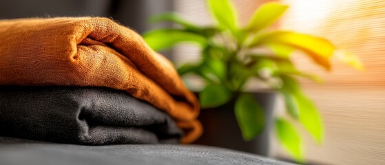 Poster -  A potted plant atop a couch, nearby a stack of folded black and orange cloths