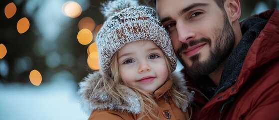 Canvas Print -  A man and a young girl smile for the camera before a lit Christmas tree