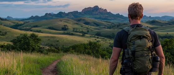 Wall Mural -  A man hikes along a trail, his backpack on, amidst a towering grass field Mountains loom behind him