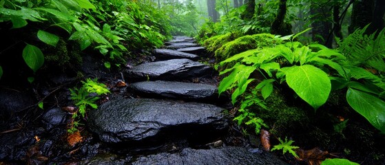 Poster -  A path, bordered by lush greenery, traverses through the heart of the forest, its surface formed by rocks