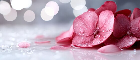 Sticker -  A tight shot of a pink bloom speckled with dewdrops, backdrop of twinkling lights