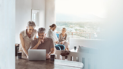 Wall Mural - Laptop, family and grandparents on laptop in home for internet, online website and networking. Senior, parents and children relax together on couch with computer for travel research in living room