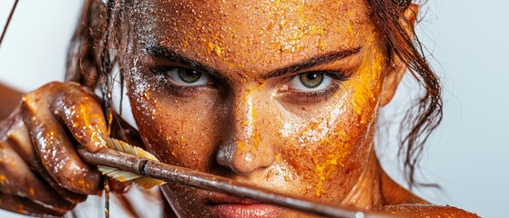 Canvas Print -  A woman closely holds a brush, her expression directed at the camera, her face splashed with orange paint