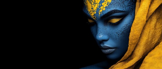 Canvas Print -  A tight shot of a person wearing a yellow shawl, with blue and yellow paint adorning their face