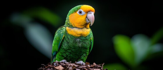 Wall Mural -  A green-and-yellow bird perches atop a mound of dirt Nearby, a tree branch, lush with green leaves, extends upward