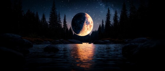 Wall Mural -  A full moon rises over a tranquil body of water, reflecting its radiance Trees line the backdrop Water in foreground