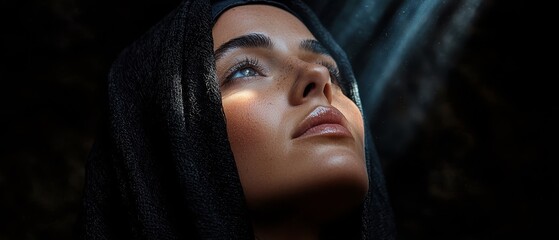 Poster -  A tight shot of a woman with her face obscured by a headscarf, gazing intently upwards at the sky