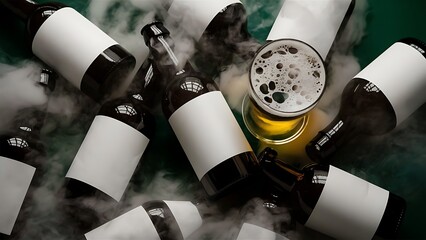 Close up view of bottles and glass of beer on dark green background