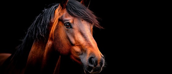 Wall Mural -  A tight shot of a horse's head against a black backdrop, mane billowing in the wind