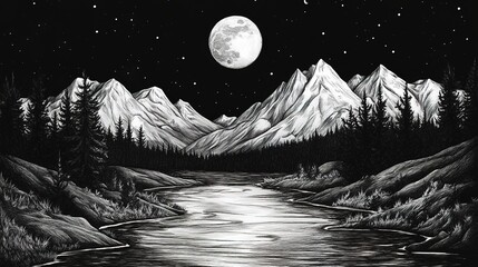 hand-painted landscape illustrations with black and white lines,generated with ai.