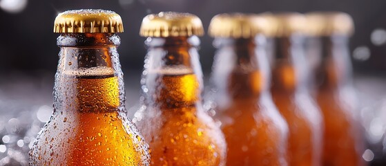 Canvas Print -  A tight shot of beer bottles, each with droplets clinging to their tops and bases