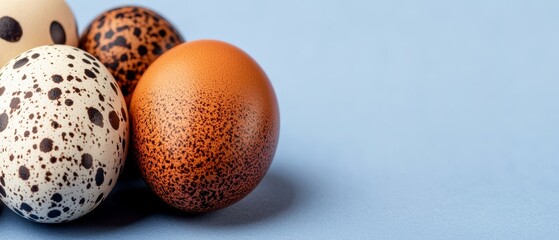 Poster -  A collection of brown and white eggs arranged on a blue dalmation-patterned surface