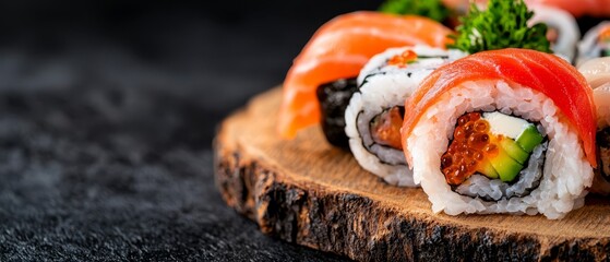 Wall Mural -  Close-up of sushi on wooden platter against black surface Broccoli florets atop sushi