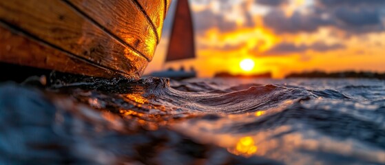 Wall Mural -  A tight shot of a boat on a body of water as the sun sets in the backdrop