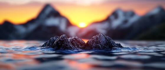 Sticker -  A tight shot of a pebble submerged in water, sun setting at a distance, mountains in the backdrop