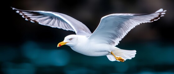 Wall Mural -  A white bird flies through the air, wings spread wide, head turned aside