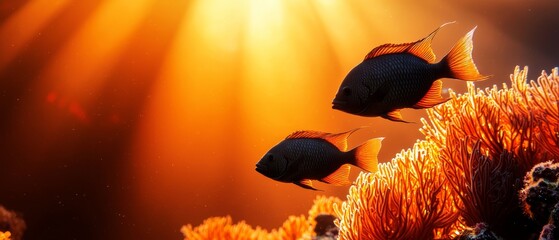  A few fish swim near corals and water lilies in sunlit water