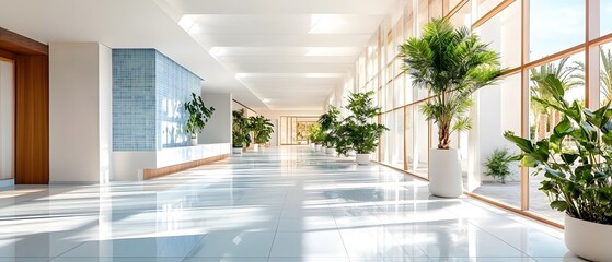 Canvas Print - Modern Lobby Interior with Large Windows and Plants.