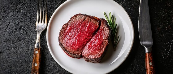 Poster -  A white plate holds two steaks Nearby rests a fork and knife on a black table