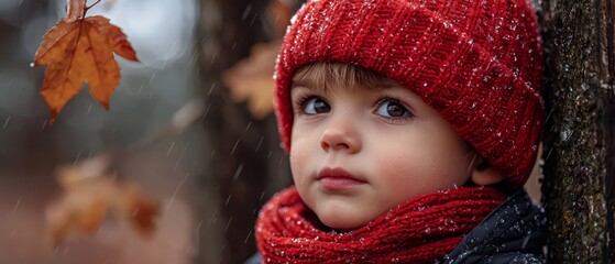 Wall Mural -  A young boy in a red knit hat and scarf stands near a tree, rain dripping from his scarf