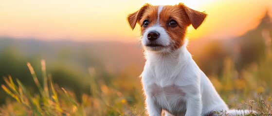 Poster -  A small brown and white dog sits atop a grassy field as the sun sets in the background